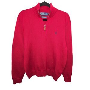POLO RALPH LAUREN 1/4 ZIP MOCK PULLOVER RED MENS M PREPPY CASUAL LEATHER ACCENT